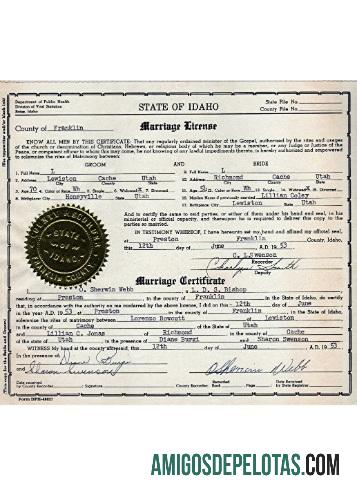 Licença de casamento nos EUA Idaho exemplo